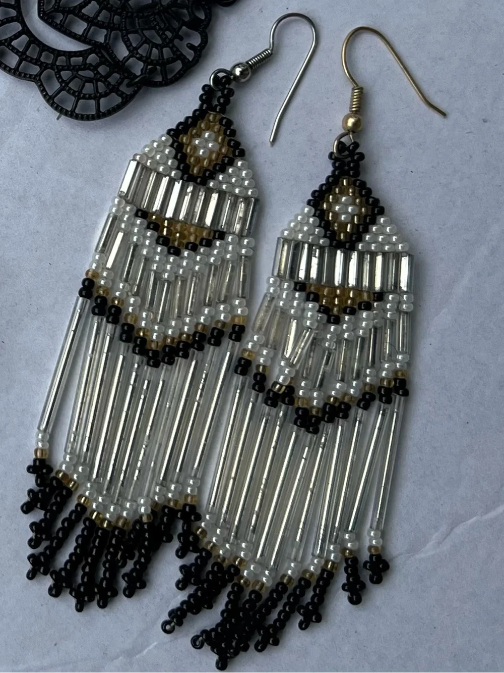 Handmade Beaded Fringe Earrings - White, Black & Gold